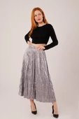 Midi Boy Pileli Saten Gri Etek - 3