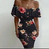 Kadın Madonna Yaka çiçek Baskılı Volan Detay Kalem Elbise thumbnail 2