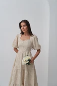 Bej Süs Düğmeli Balon Kollu Elbise thumbnail 4