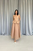 Camel Beli Büzgülü İnci Askılı Uzun Elbise thumbnail 1