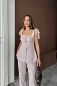 ŞANTUK KETEN YELEK GÖRÜNÜMLÜASKILI BLUZ - PANTOLON TK - Lila - 1