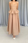 Camel Beli Büzgülü İnci Askılı Uzun Elbise thumbnail 4