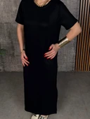 Kadın Kısa Kollu Bisiklet Yaka Yırtmaçlı Viskon Iki Iplik Elbise thumbnail 4