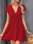 Kadın Kısa Kollu Kruvaze Yakalı Beli Lastikli Bürümcük Elbise thumbnail 1