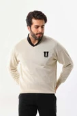 Baskılı V Yaka Uzun Kol Dokuma Triko - Bej - 1