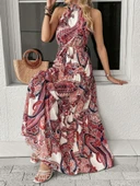 Kadın Halter Yakalı Omuzlardan Açık Kuşaklı Maksi Boy Desenli Süprem Elbise thumbnail 1