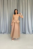 Camel Beli Büzgülü İnci Askılı Uzun Elbise thumbnail 2