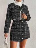 Kadın Uzun Kollu önü Düğmeli şanel Ceket Ve Etek Takım thumbnail 1