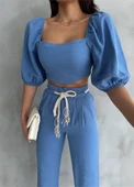 KETEN CROP KARPUZ KOL BLUZ-PANTOLON HASIR KEMERLİ - Mavi thumbnail 2