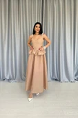 Camel Beli Büzgülü İnci Askılı Uzun Elbise thumbnail 3