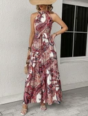Kadın Halter Yakalı Omuzlardan Açık Kuşaklı Maksi Boy Desenli Süprem Elbise thumbnail 3