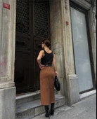 SÜET KALEM ETEK YIRTMAÇ DETAYLI - Taba thumbnail 4