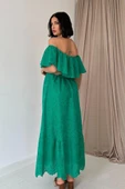 Yeşil Omzu Lastikli Brode Elbise thumbnail 4