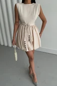 BALON ETEKLİ TASARIM KISA ELBİSE - Bej thumbnail 3