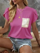 Kadın Kısa Kollu Bisiklet Yaka Cep Pul Payet Detay Viskon Bluz thumbnail 3