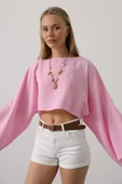 YARASA KOLLU CROP BLUZ - Pembe thumbnail 2