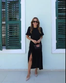 Kadın Kısa Kollu Bisiklet Yakalı Yandan Yırtmaçlı Büzgülü Janjan Krep Elbise thumbnail 7