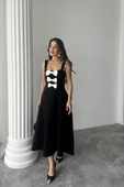 Siyah Fiyonk Garnili Dantelli Elbise - 1