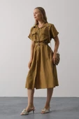 Kuşaklı Cep Detaylı Yarım Kol Elbise - Yağ Yeşili thumbnail 3