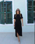 Kadın Kısa Kollu Bisiklet Yakalı Yandan Yırtmaçlı Büzgülü Janjan Krep Elbise thumbnail 3