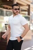 Erkek Göğüs Pirinç Desenli Fermuar Yakalı Kısa Kollu Tişört - 5