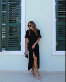 Kadın Kısa Kollu Bisiklet Yakalı Yandan Yırtmaçlı Büzgülü Janjan Krep Elbise thumbnail 1