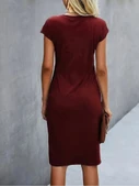 Kadın Kısa Kollu Bisiklet Yaka Yandan Büzgülü Midi Viskon Elbise thumbnail 3