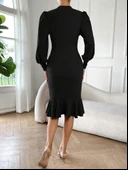 Kadın Uzun Kollu Yarı Balıkçı Yaka Etek Ucu Fırfır Detaylı Midi Ithal Krep Elbise thumbnail 2