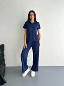 Osy Modal Yumuşak Dokulu Kumaş Kısa Kollu Yakalı T-shirt Pantalon Ikili Takım- Lacivert - 7