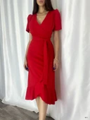 Kadın Kruvaze Yaka Midi Boy Kuşaklı Krep Elbise 120 Cm thumbnail 7