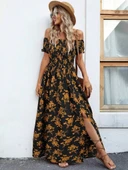 Kadın Kısa Kollu Madonna Yaka Yırtmaçlı çiçek Desenli Süprem Elbise thumbnail 6