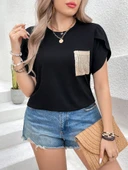 Kadın Kısa Kollu Bisiklet Yaka Cep Pul Payet Detay Viskon Bluz thumbnail 7