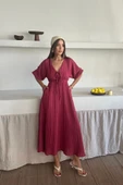 V YAKA DÖKÜMLÜ ELBİSE - Pembe - 1