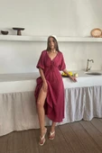 V YAKA DÖKÜMLÜ ELBİSE - Pembe - 2