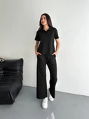 Osy Modal Yumuşak Dokulu Kumaş Kısa Kollu Yakalı T-shirt Pantalon Ikili Takım- Siyah - 7