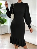 Kadın Uzun Kollu Yarı Balıkçı Yaka Etek Ucu Fırfır Detaylı Midi Ithal Krep Elbise thumbnail 3