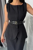 CEKET-ETEK GÖRÜNÜMLÜ ELBİSEÇİFT KEMER DETAYLI - Siyah thumbnail 4