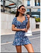 Kadın Kısa Kollu Kalp Yaka çiçek Desenli Krep Elbise thumbnail 2