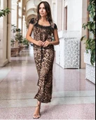 Kadın Leopar Desenli Dantelli Jesica Kumaş Maxi Boy Elbise thumbnail 1