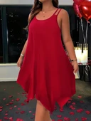 Kadın Askılı Yuvarlak Asimetrik Kesim Detaylı Viskon Elbise thumbnail 1