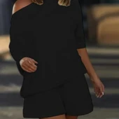 Kadın Kayık Yaka Salaş Iki Iplik Bluz Ve şort Ikili Takım thumbnail 6