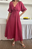 V YAKA DÖKÜMLÜ ELBİSE - Pembe - 3
