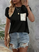 Kadın Kısa Kollu Bisiklet Yaka Cep Pul Payet Detay Viskon Bluz thumbnail 1
