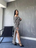 Kadın Madonna Yaka Dalgıç Kumaş Leopar Desen Maxi Boy Derin Yırtmaçlı Elbise thumbnail 3