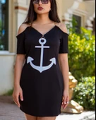 Fermuar Detay çıpa Baskılı Zincir Askılı Viskon Elbise thumbnail 10