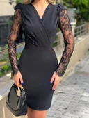 Kadın Uzun Kollu Kruvaze Yaka Kollar Tül Detay Krep Mini Boy Elbise thumbnail 3