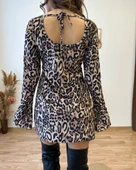 Kadın Uzun Kollu Kayık Yaka Leopar Baskılı Mini Elbise thumbnail 6