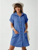 Kadın Cep Detay Müslin Kumaş Mini Gömlek Elbise thumbnail 3