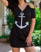 Fermuar Detay çıpa Baskılı Zincir Askılı Viskon Elbise thumbnail 9