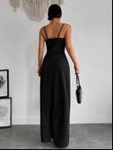 Kadın Askılı Kruvaze Yakalı Yırtmaçlı Krep Elbise thumbnail 4